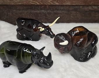 Vintage Avon Animal Glass Bottles Collection, Rhino, American Buffalo, and Longhorn Steer