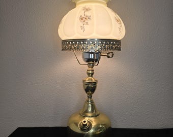 Antique COLEMAN Quick-lite Table Lamp / Hand Painted Floral Glass