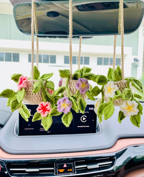 Crochet Cherry Blossom Car Hanging Plant: Rearview Mirror