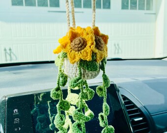 Crochet Sunflower Car Hanging Plant: Rearview Mirror Decor - Etsy