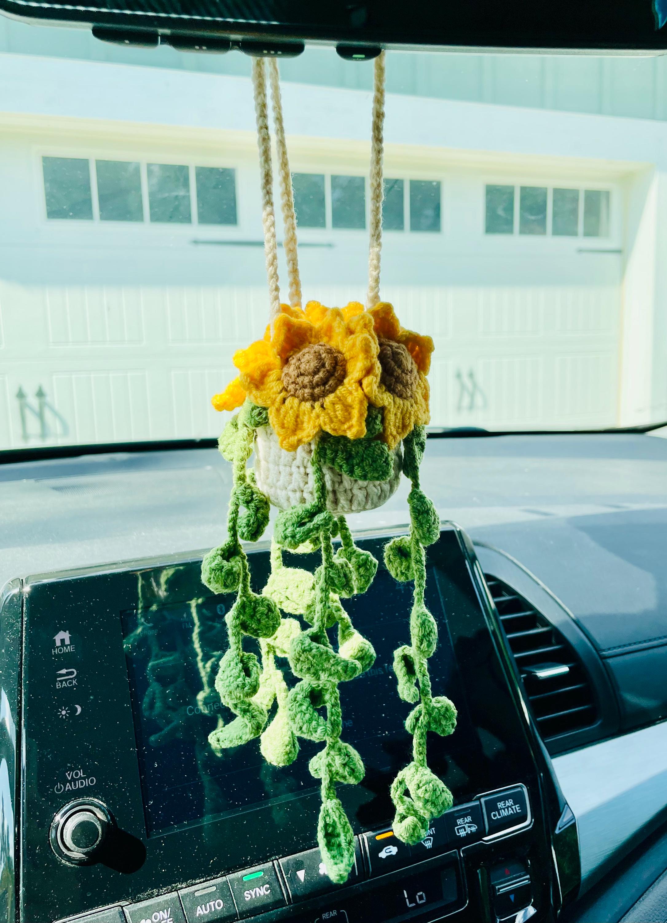 Crochet Sunflower Car Hanging Plant: Rearview Mirror Decor - Etsy