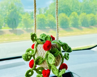 Crochet Rose Car Hanging Plant, Rearview Mirror Decoration, Succulent Hanging Plant, Car Accessory, Birthday Gift，Gift for Mom/Her/Women