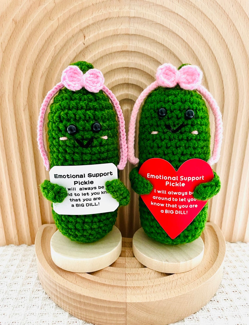Emotional Support Pickle Cute Positive Crochet Pickle Personalized Crochet Pickle Crochet Ornament Birthday Gift Graduation Gift for Her/Him Pink Bow+Braid