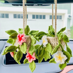 Crochet Cherry Blossom Car Hanging Plant: Rearview Mirror Decoration
