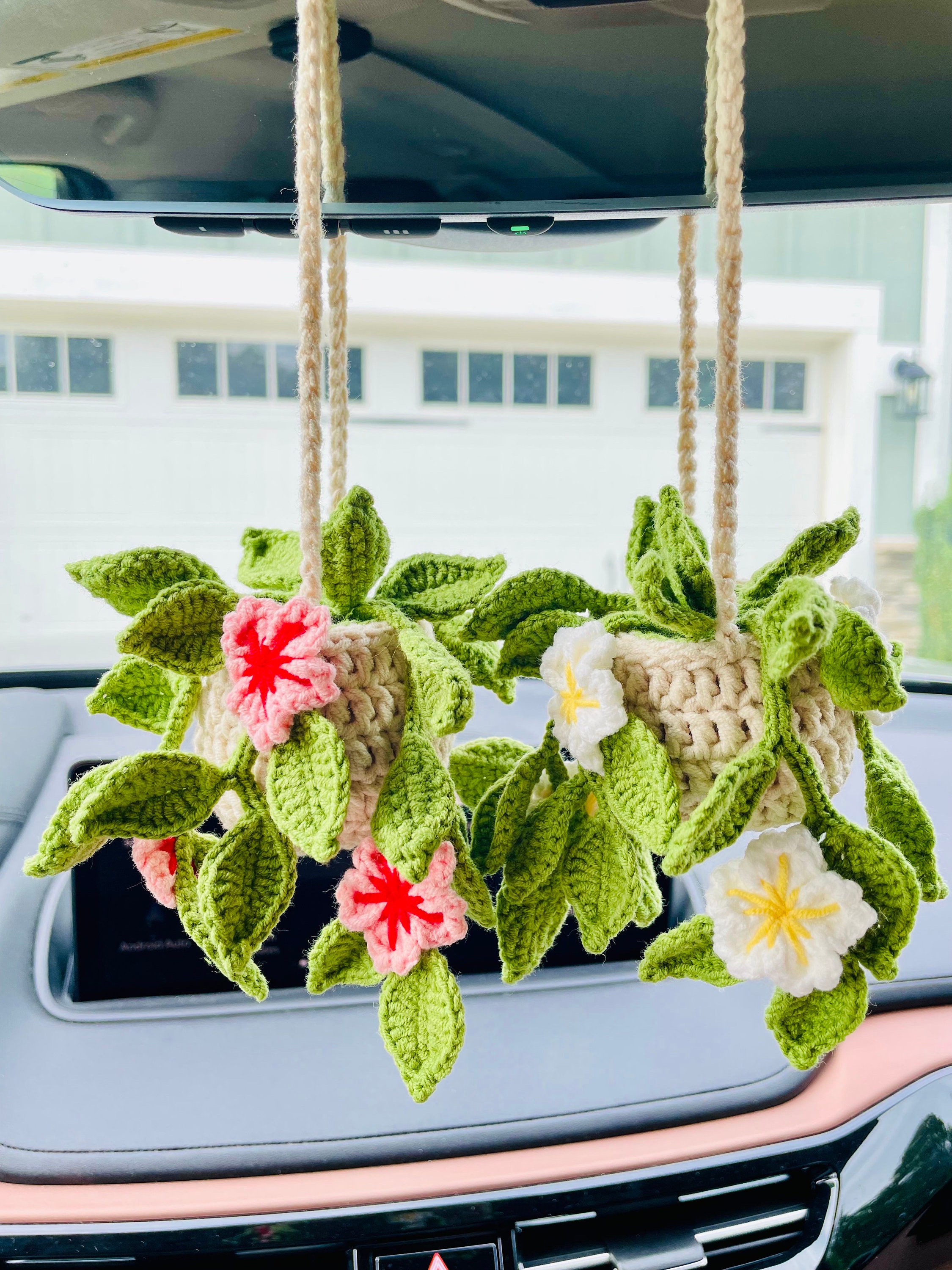 Crochet Cherry Blossom Car Hanging Plant: Rearview Mirror