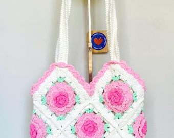 Handmade Crochet Sunflower Rose Shoulder Bag Crossbody Cotton Purse for Her Mom Friend, Crochet Flower Bag for Christmas Gift Birthday Gift