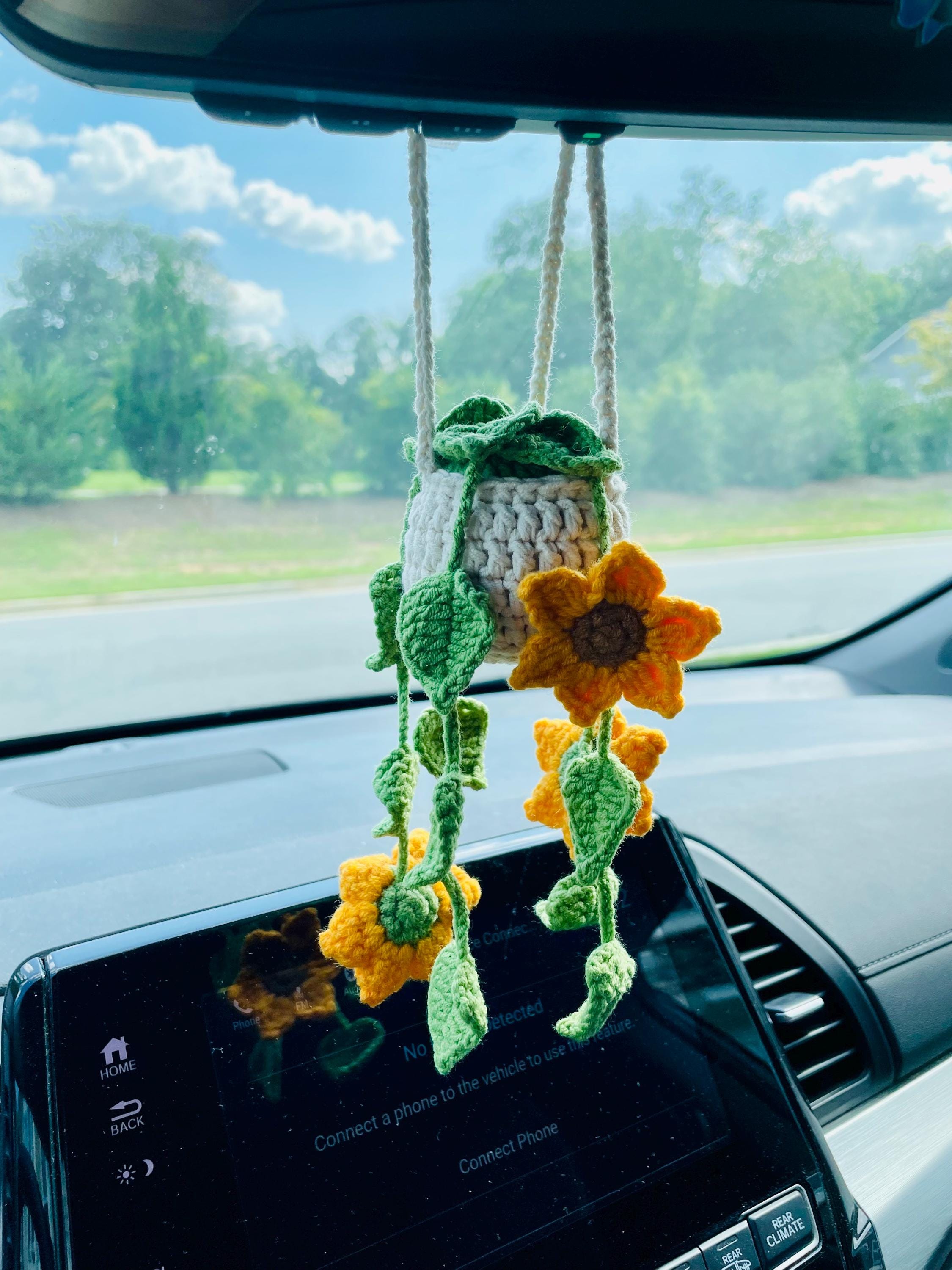 Crochet Sunflower Car Hanging Plant: Rearview Mirror Decor - Etsy