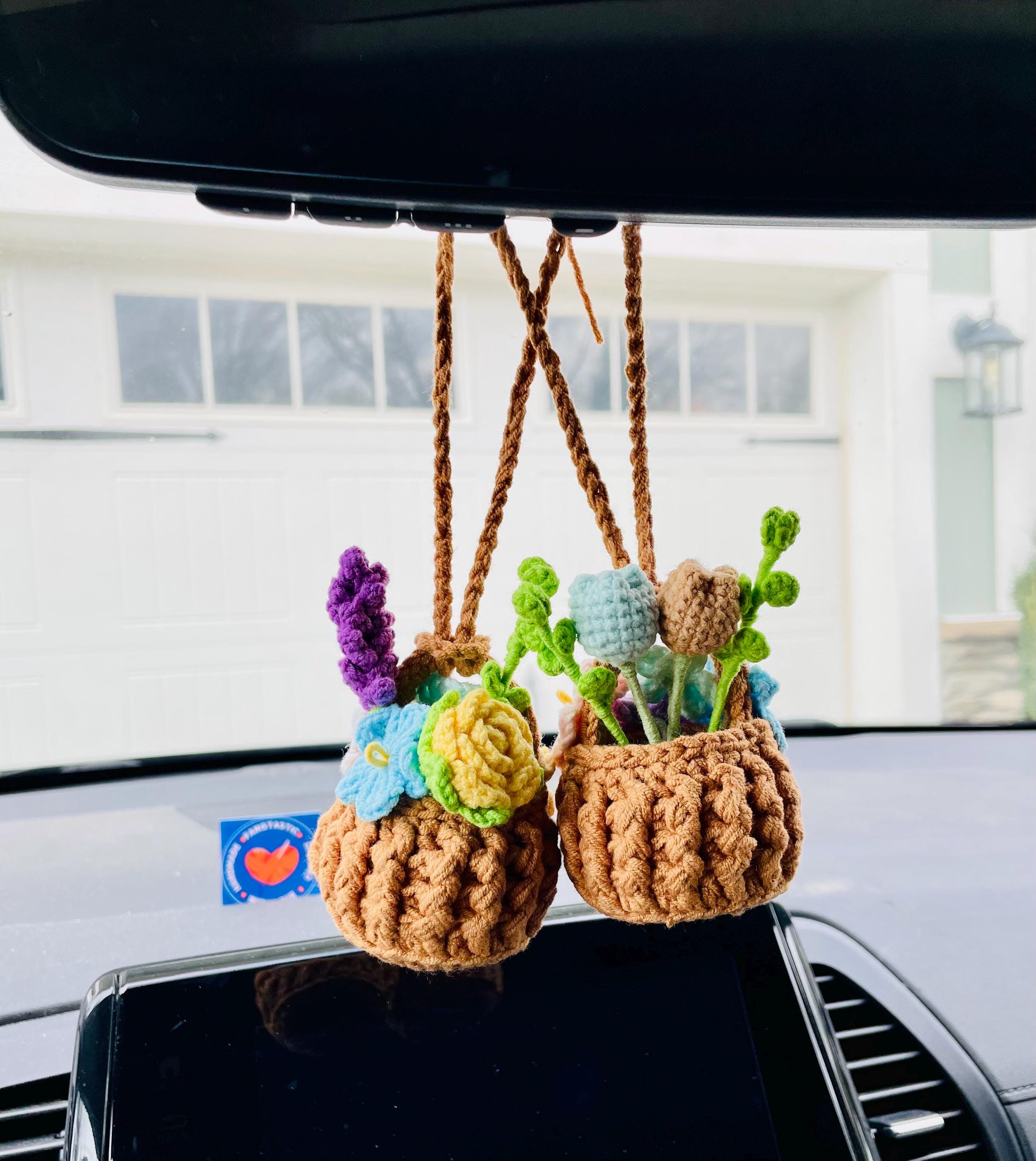 Crochet Flower Bouquet Car Charm: Handmade Rearview Mirror Plant