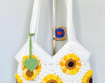 Sac à bandoulière tournesol fait main au crochet pour sac à main en coton pour amie, sac à fleurs au crochet pour cadeau de Noël, cadeau d'anniversaire