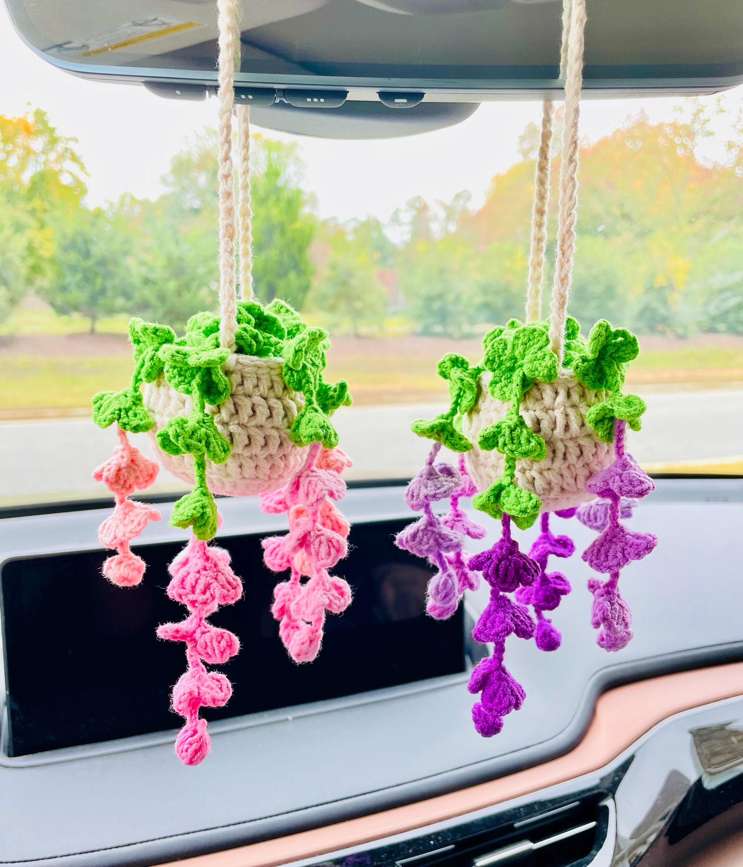 Crochet Car Hanging Plant: Handmade Rearview Mirror Decoration - Etsy