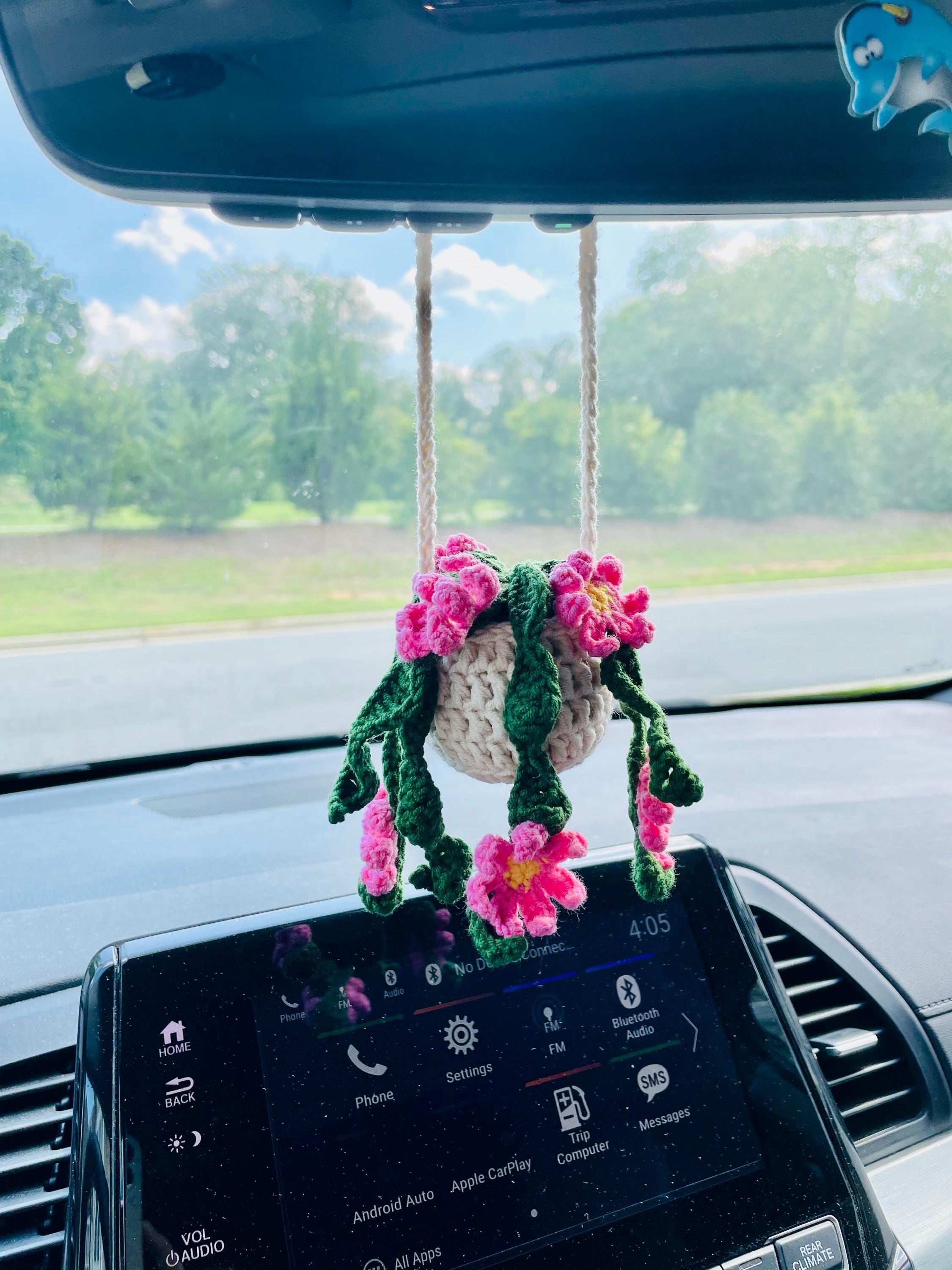 Crochet Sunflower Car Mirror Hanging - Handmade Boho Plant Decor For Rear View Mirror