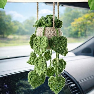 May include: A crocheted Monstera hanging plant, featuring a beige pot and vibrant green leaves. The plant is suspended by a natural fiber rope, with the text "Monstera Hanging Plant Crochet Pattern" above. The plant is displayed inside a car.