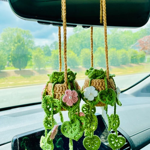 Crochet Car Hanging Plant: Handmade Rearview Mirror Decoration - Etsy