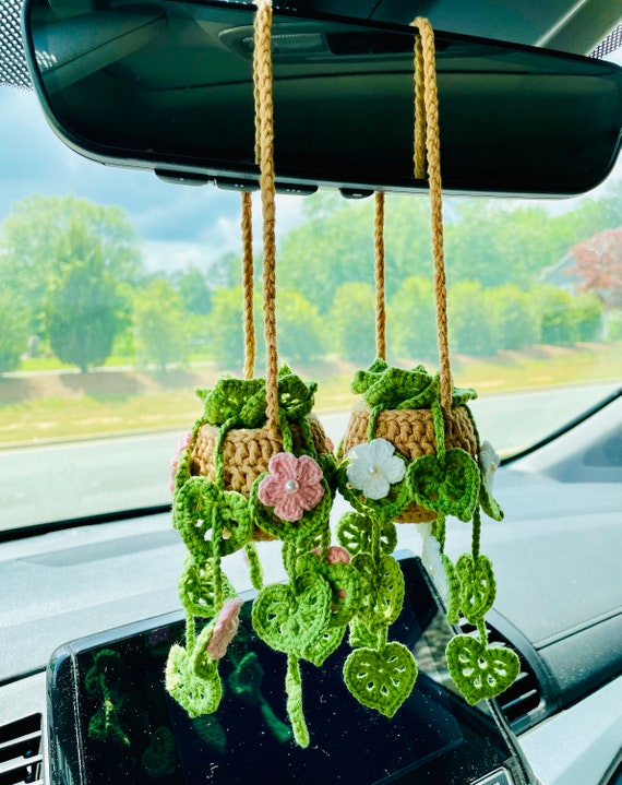 Crochet Car Hanging Plant: Handmade Rearview Mirror Decoration - Etsy