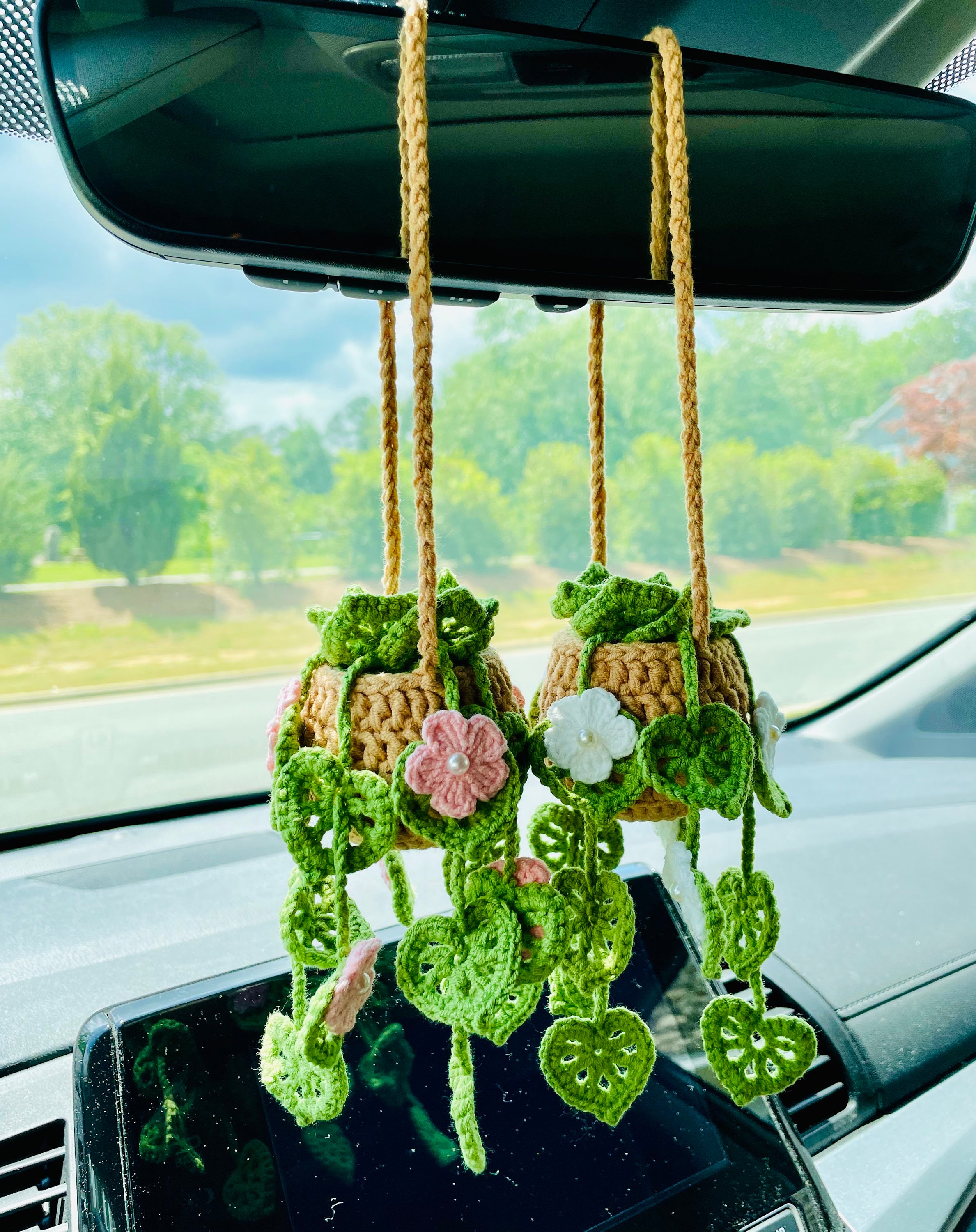 Crochet Car Hanging Plant: Handmade Rearview Mirror Decoration - Etsy
