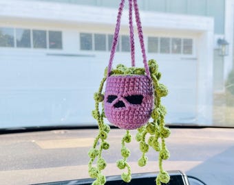 Spooky Halloween Car Hanging Decorations: Crochet Skull Hanging Plant Rearview Mirror Green Plants Decoration for Her