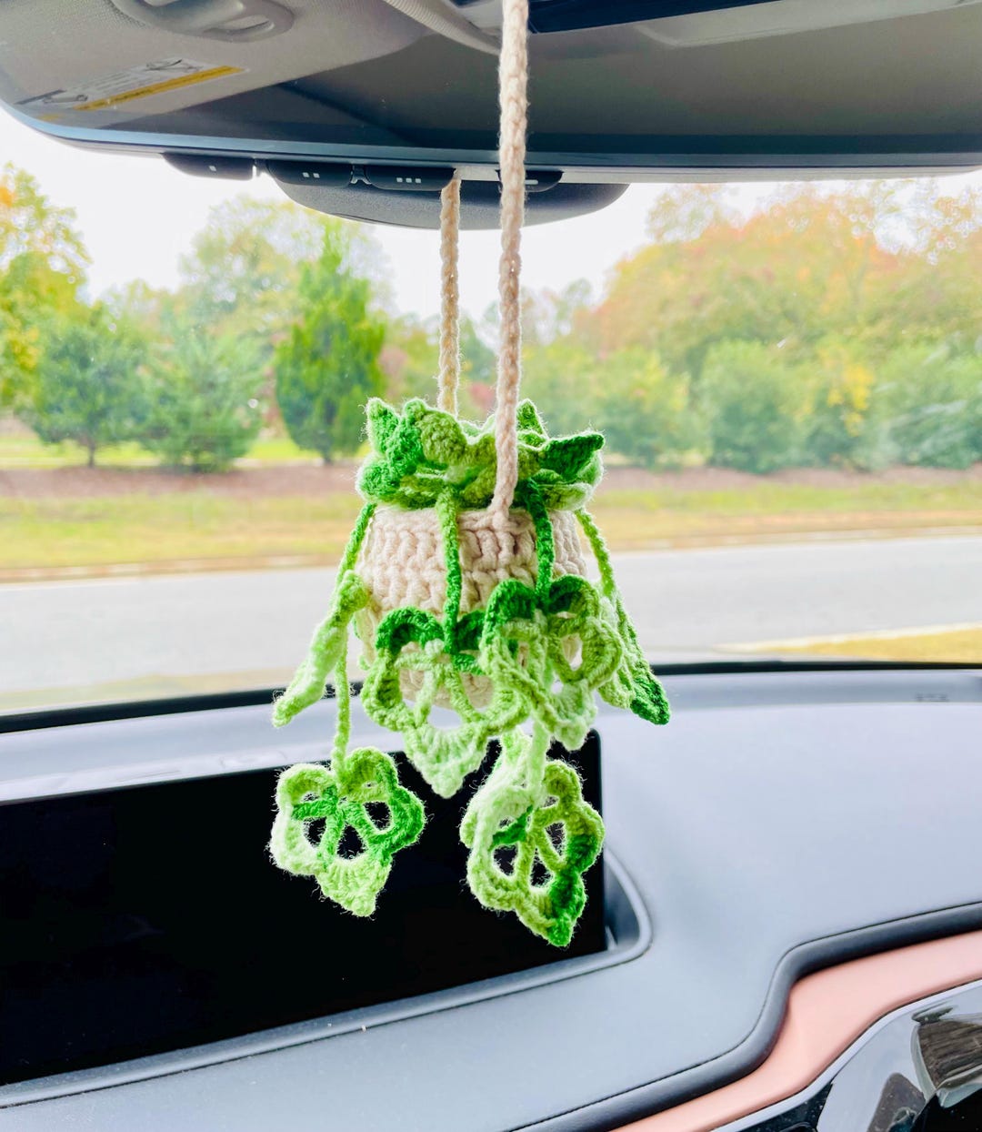 Crochet Car Hanging Plant: Handmade Rearview Mirror Decoration - Etsy