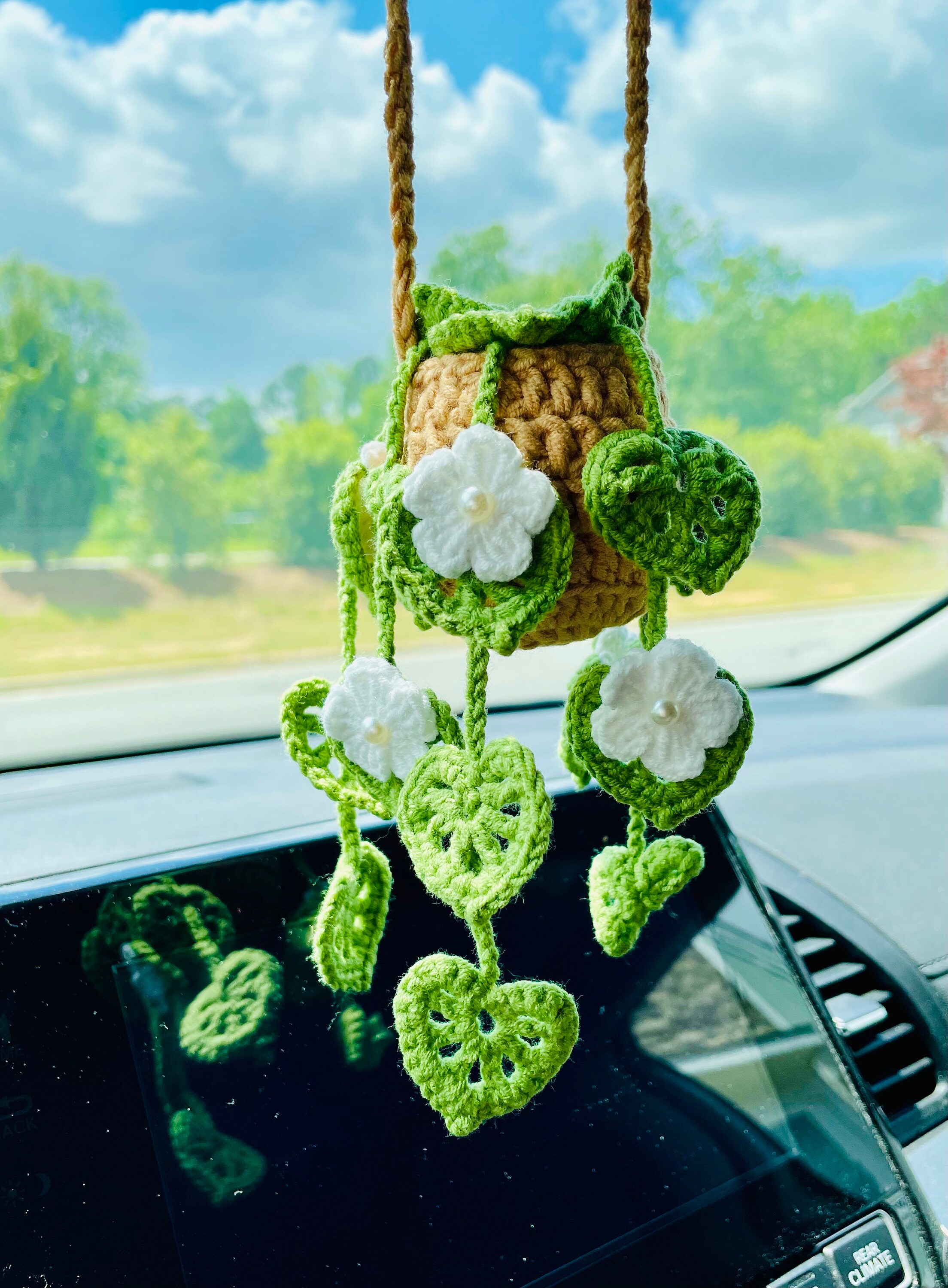 Crochet Car Hanging Plant: Handmade Rearview Mirror Decoration - Etsy