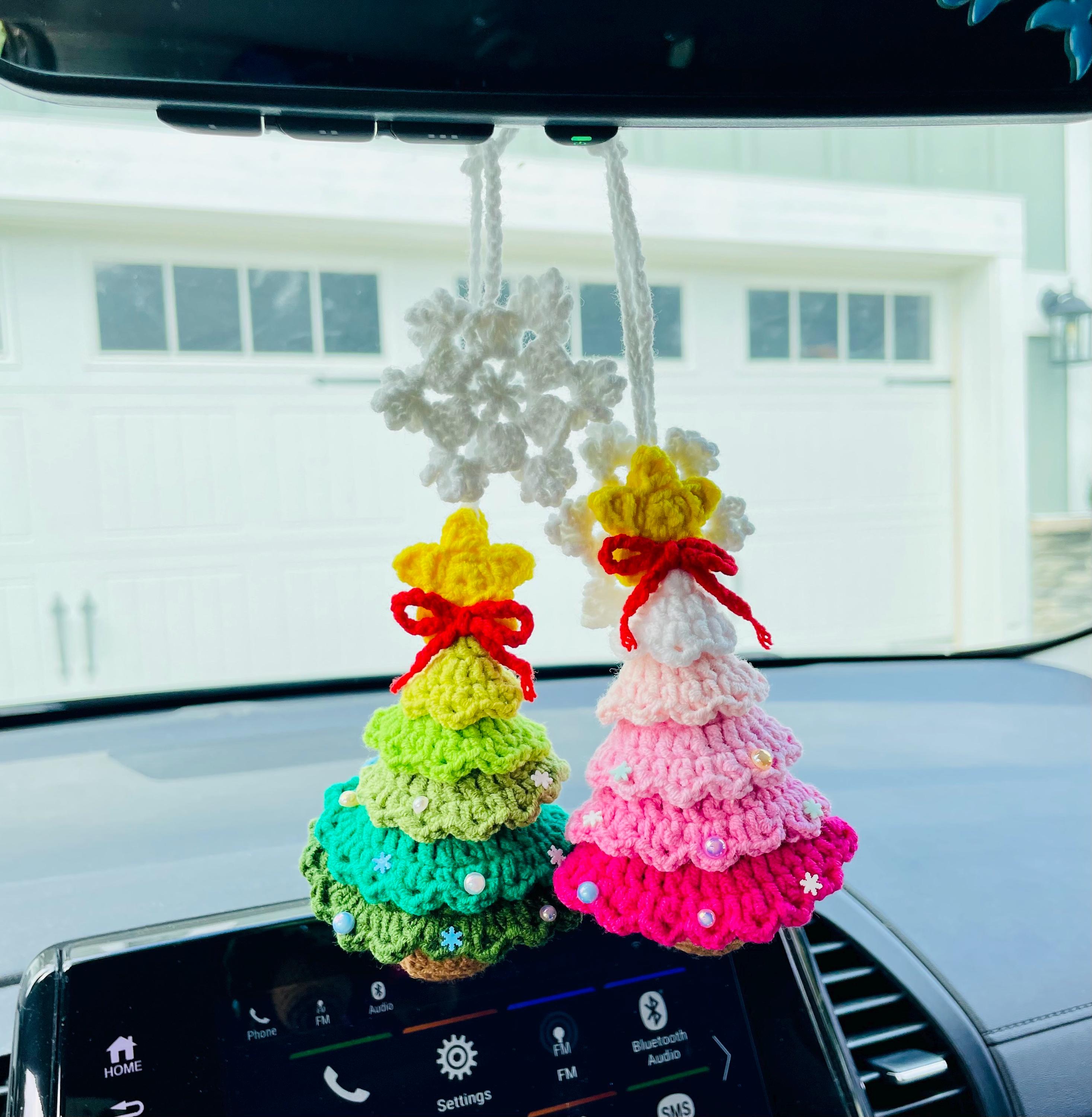 Handmade Crochet Christmas Tree Car Ornament - Hangs From Rearview Mirror With Bell & Bow - View #3