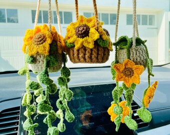 Crochet Sunflower Car Hanging Plant: Rearview Mirror Decor - Etsy