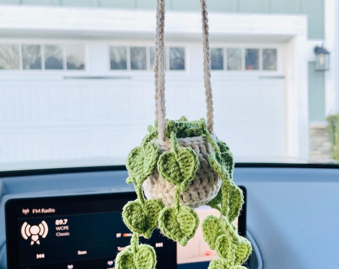 Crochet Car Hanging Plant: Rearview Mirror Green Plants Decoration, Plants Lover Gift Ideas, Christmas Car Decors, Crochet Potted Plants