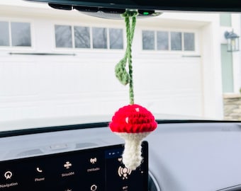 Cute Crochet Mushroom, Mushroom Car Hanging Accessory, Bag Charm, Wire Organizer, Cute Positive Crochet Pickle Lanyard, Gift for Her/Him