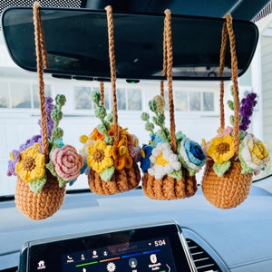 Crochet Flowers Car Hanging Plant, Rearview Mirror Decoration, Succulent Hanging Plant, Car Accessory, Birthday Gift for Her/Him, Gift Ideas