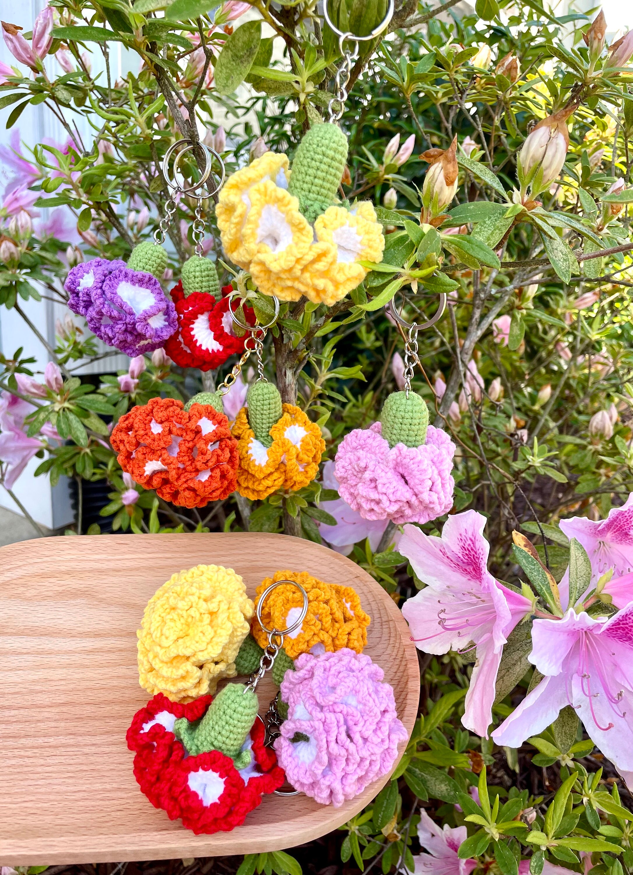 Crochet Carnation Flower Keychain: Handmade Cotton Bag Charm - Etsy