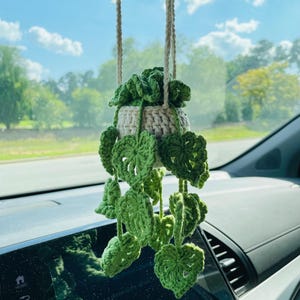May include: A crocheted hanging plant with green leaves and a beige pot. The plant is suspended from a car's rearview mirror. The leaves are a vibrant green, and the pot has a textured appearance. The background shows a sunny day.