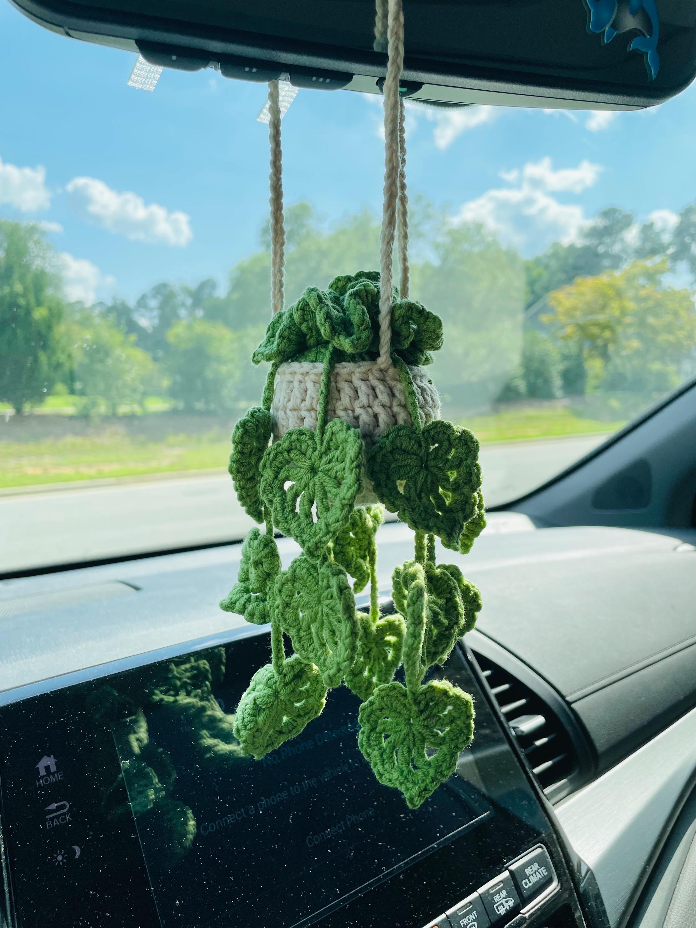 Crochet Monstera Car Hanging Plant: Handmade Rearview Mirror Decor