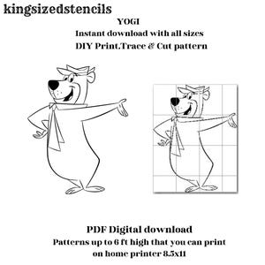Puede incluir: Dibujo lineal en blanco y negro de Yogi Bear con el texto "YOGI" y "kingsizedstencils". La imagen incluye el texto "Descarga instantánea con todos los tamaños" y "Patrón de impresión, trazado y corte DIY". También se incluye el texto "Descarga digital PDF".