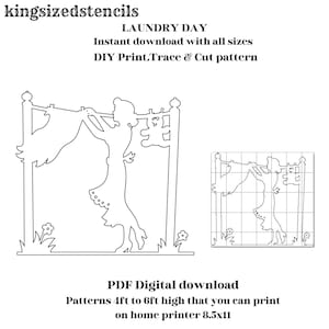 May include: A black and white stencil design of a woman hanging laundry on a washing line. The text "LAUNDRY DAY" and DIY printing instructions are included. The design is available in sizes from 122cm to 183cm high.