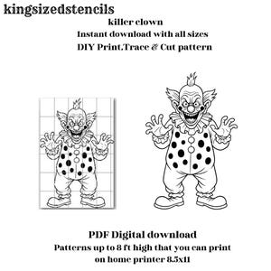 Peut inclure: Téléchargement numérique en noir et blanc d'un motif de clown tueur. L'image comprend deux illustrations d'un clown effrayant avec une tenue à pois. Le texte indique "Téléchargement instantané avec toutes les tailles" et "Motif à imprimer, tracer et découper".