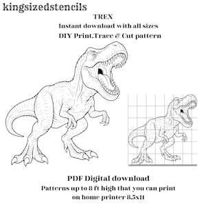 May include: A black and white line drawing of a Tyrannosaurus Rex, with the text "TREX" and "kingsizedstencils". The image includes a smaller grid-like drawing of the dinosaur and text that reads "Instant download with all sizes" and "DIY Print, Trace & Cut pattern".