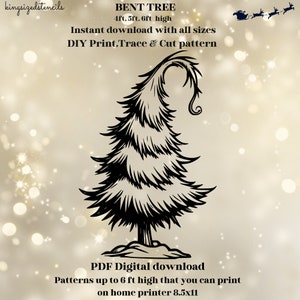 May include: Black and white printable pattern of a bent tree. The tree is 4, 5, or 6 feet tall. The pattern is for DIY printing, tracing, and cutting. The text "BENT TREE" is at the top of the image. The text "PDF Digital download" is at the bottom of the image.