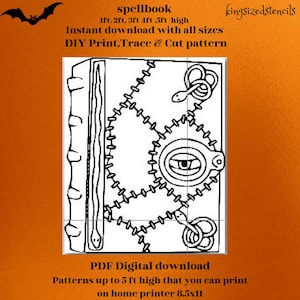 May include: A black and white illustration of a spellbook with a zipper design and an eye symbol. The text on the image says "spellbook" and "DIY Print, Trace & Cut pattern". The book is available in sizes up to 152 cm high.