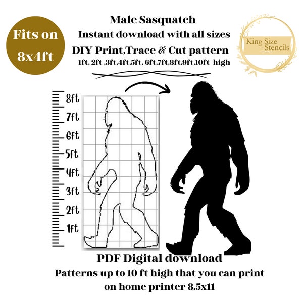 7ft 8ft 10ft Life size Bigfoot pattern , yeti, Sasquatch Silhouette Stencil Template bundle , Printable Trace Cutout PDF,fits 8x4 ft plywood