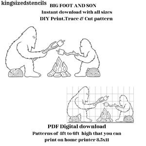 4ft to 6ft high Bigfoot , yeti, outdoors campfire, yard art display, digital Silhouette Stencil Template Printable Trace Cutout PDF.