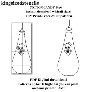 Peut inclure: Motif numérique pour un sac de barbe à papa, avec un motif de crâne à l'intérieur d'une ampoule. Le motif est pour l'impression, le traçage et la découpe DIY, avec des tailles allant jusqu'à 244 cm de haut.