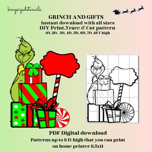 Grump verde de Natal de 1 a 8 pés de altura, presentes, exibição de arte de jardim, faça você mesmo, marcenaria, modelo de estêncil de silhueta para impressão, recorte em PDF