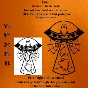 Peut inclure: Motif d'OVNI noir et blanc avec des fantômes et une toile d'araignée. Le texte indique "UFO" et "DIY Print, Trace & Cut pattern". Le motif est disponible en tailles jusqu'à 152 cm de haut.