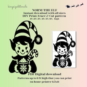 Norma de elfo navideño de 1 a 6 pies de alto, exhibición de arte de patio festivo, bricolaje, carpintería, plantilla de plantilla de silueta, trazado imprimible, recorte en PDF.
