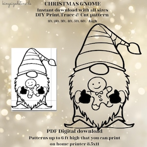May include: Black and white Christmas gnome digital download. The design includes a gnome holding a gingerbread man. The text says "CHRISTMAS GNOME" and "DIY Print, Trace & Cut pattern" with sizes up to 6 ft high.