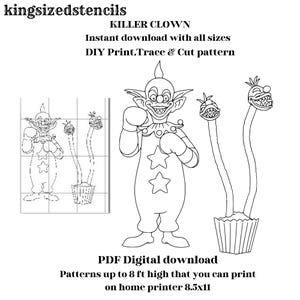 Peut inclure: Illustration en noir et blanc d'un clown tueur souriant de façon menaçante, vêtu d'une combinaison ornée d'étoiles. L'image comprend le texte : "KILLER CLOWN" et "Instant download with all sizes." Deux autres figures monstrueuses sont également incluses.