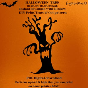 May include: Black Halloween tree stencil design with a spooky face and outstretched branches. The image includes the text "HALLOWEEN TREE" and "DIY Print, Trace & Cut pattern". The stencil is available in sizes up to 6 ft high.