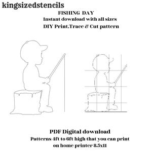 boy with fishing pole pattern printable cut out Boy Fishing Silhouette for Yard
