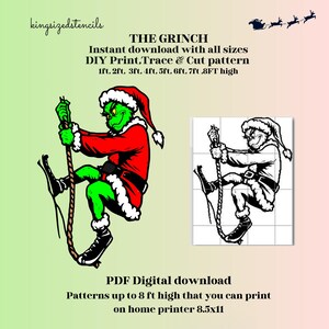Peut inclure: Téléchargement numérique d'un pochoir du Grinch. Le Grinch est représenté dans un costume de Père Noël rouge avec une bordure blanche et un bonnet de Père Noël. L'image comprend le texte "THE GRINCH" et "DIY Print, Trace & Cut pattern".