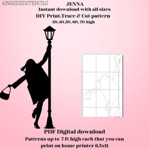 Peut inclure: Motif de pochoir numérique avec une silhouette de personne et un lampadaire. Le texte comprend "JENNA" et "DIY Print, Trace & Cut pattern", avec des tailles allant jusqu'à 213 cm de haut. Téléchargement numérique PDF.