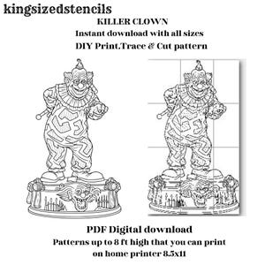 Peut inclure: Téléchargement numérique en noir et blanc d'un pochoir de Clown Tueur. L'image présente une illustration détaillée d'un clown menaçant avec des motifs complexes, ainsi que le texte "Téléchargement instantané avec toutes les tailles" et "Motif à imprimer, tracer et découper".