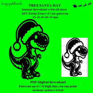 Dinosaurio navideño de 3 a 7 pies de alto, T-Rex, exhibición de arte de jardín, carpintería, Papá Noel, plantilla de plantilla de silueta, recorte de trazado imprimible en PDF.